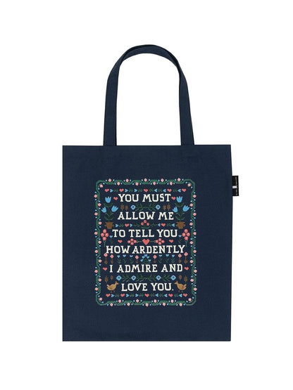 navy tote bag with folk art and quote