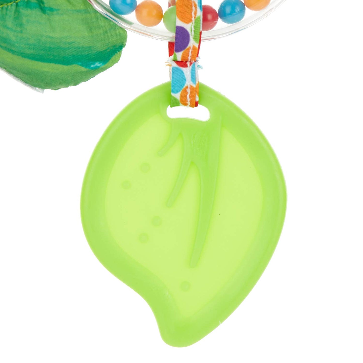 close-up of dangling leaf teether.