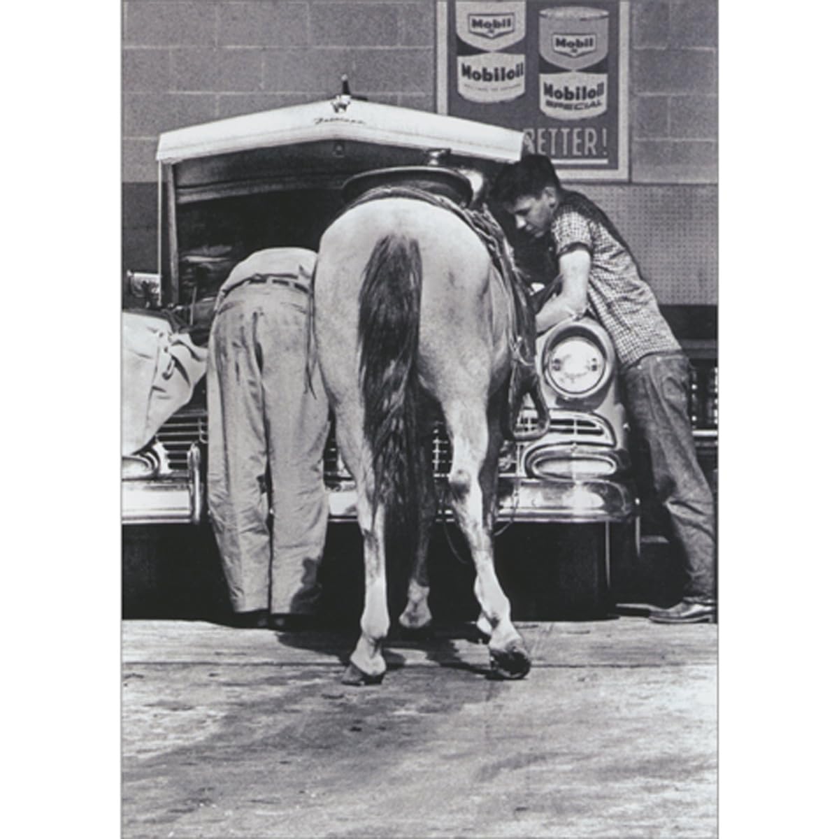 front of card is a man and a horse leaning over the open engine of a car