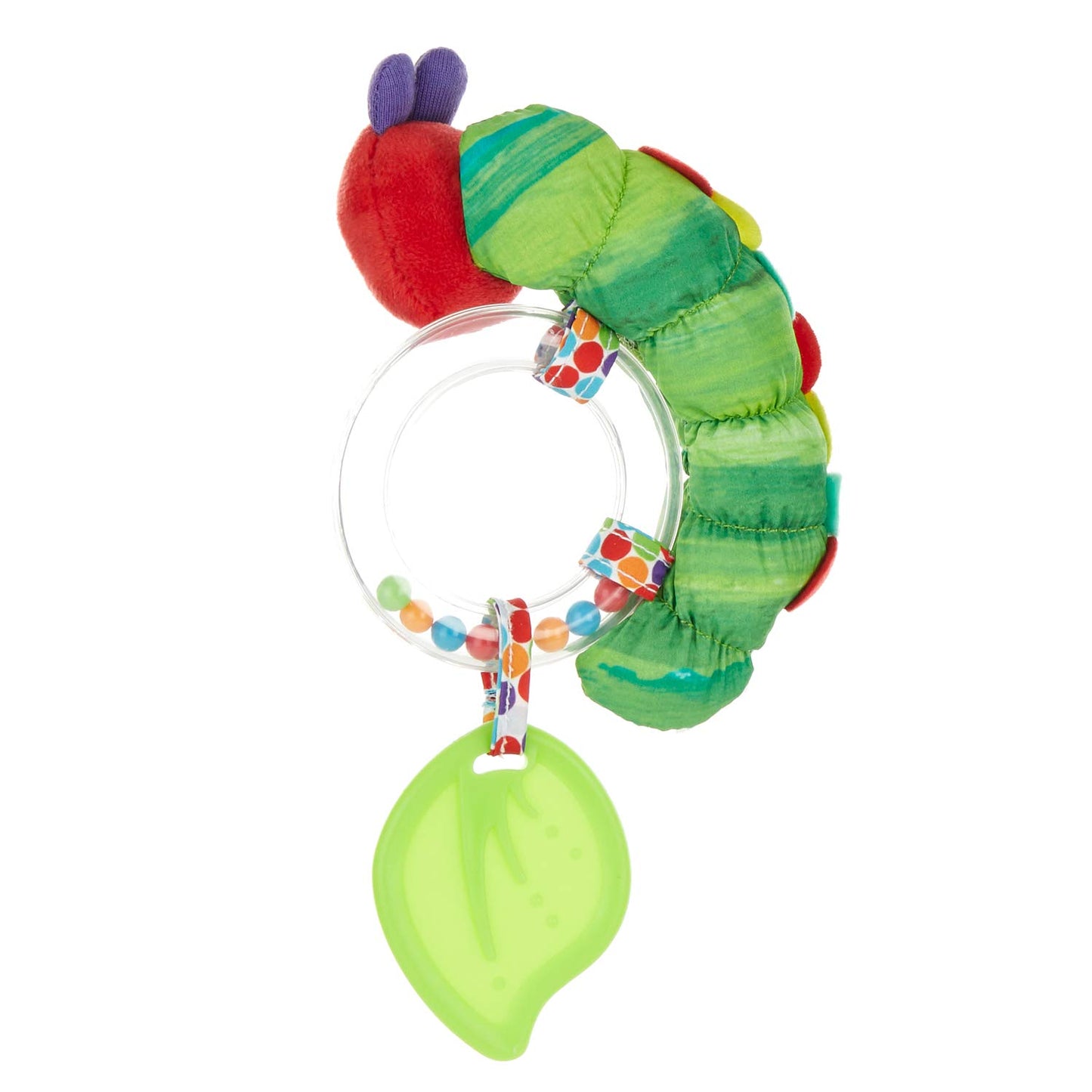 back view of Eric Carle's The Very Hungry Caterpillar Ring Rattle on a white background.