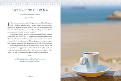 inside page of "breakfast on the beach" and a phot of a cup of coffee with the ocean behind it.