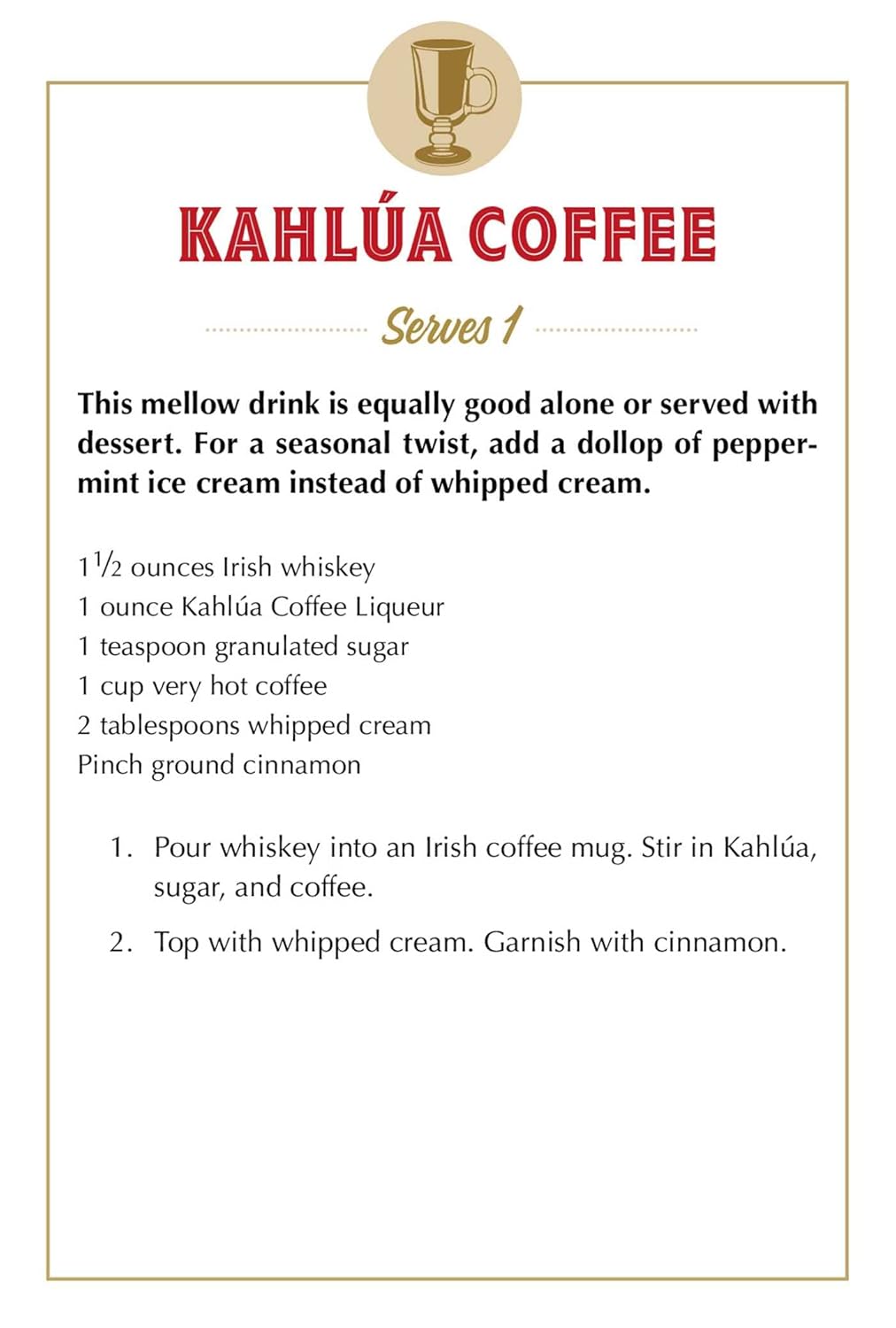 Kahlua coffee recipe card with instructions