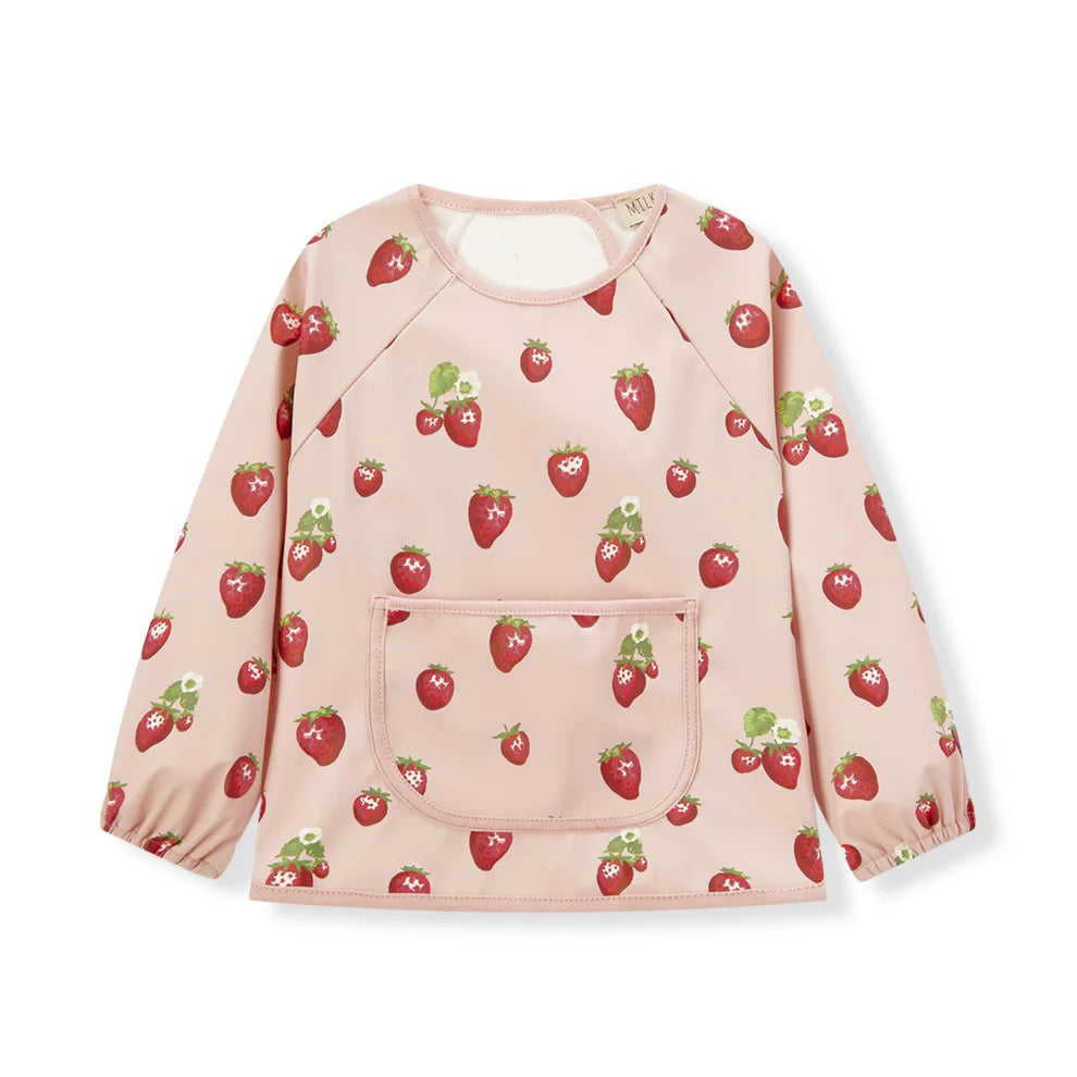 light pink long sleeve bib with all-over strawberry design