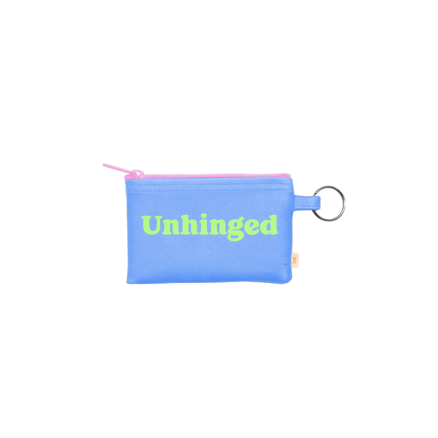 small blue coin pouch with "unhinged" printed in lime green