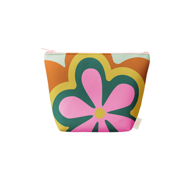 pink, green, mustard yellow zip bag with pink flower