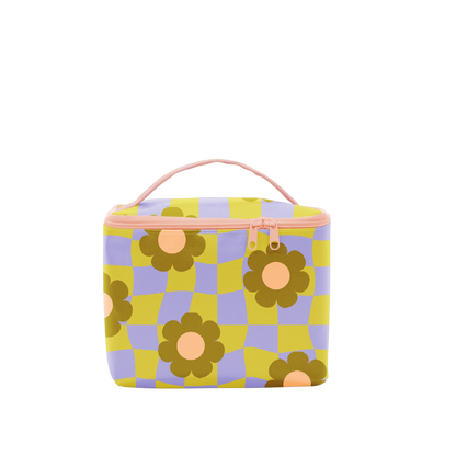 cool funky daisy cosmetic bag on a white background.