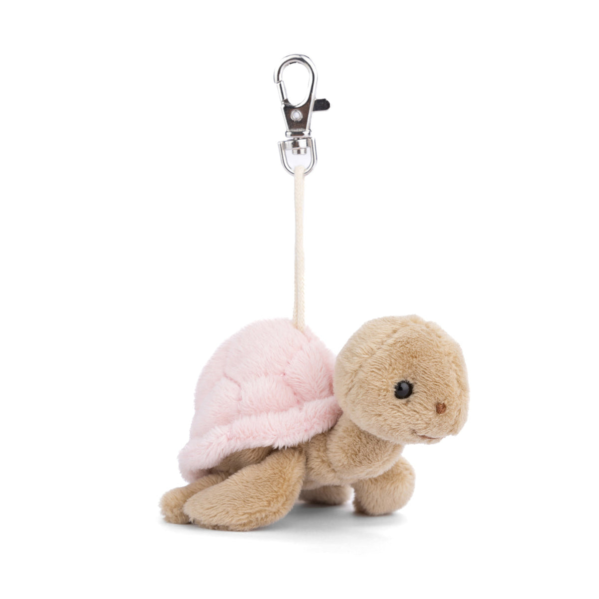 Plush turtle keychain with pink shell on a white background