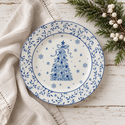 A round white ceramic plate with a blue Christmas tree design, surrounded by a blue leafy border and snowflake pattern, styled on a white wooden table with a beige linen napkin and green pine branches.