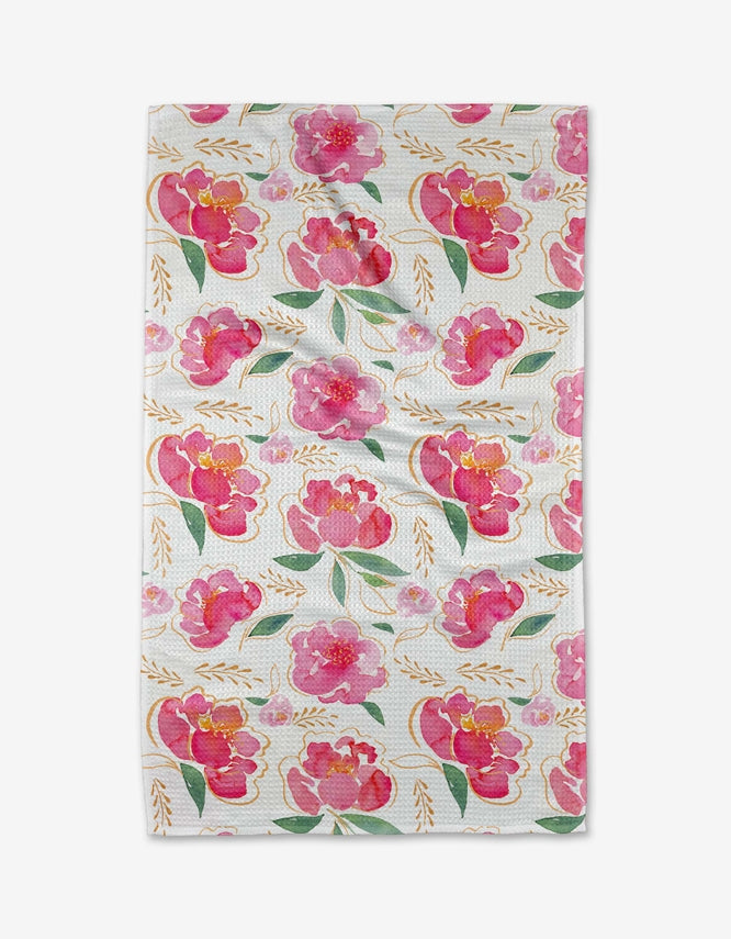 off white towel with pink peony flowers on it