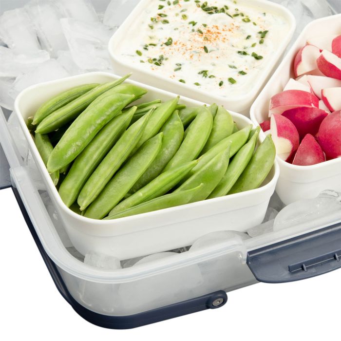 close-up of corner of Party Carrier with veggies in it showing ice in the the tray under it