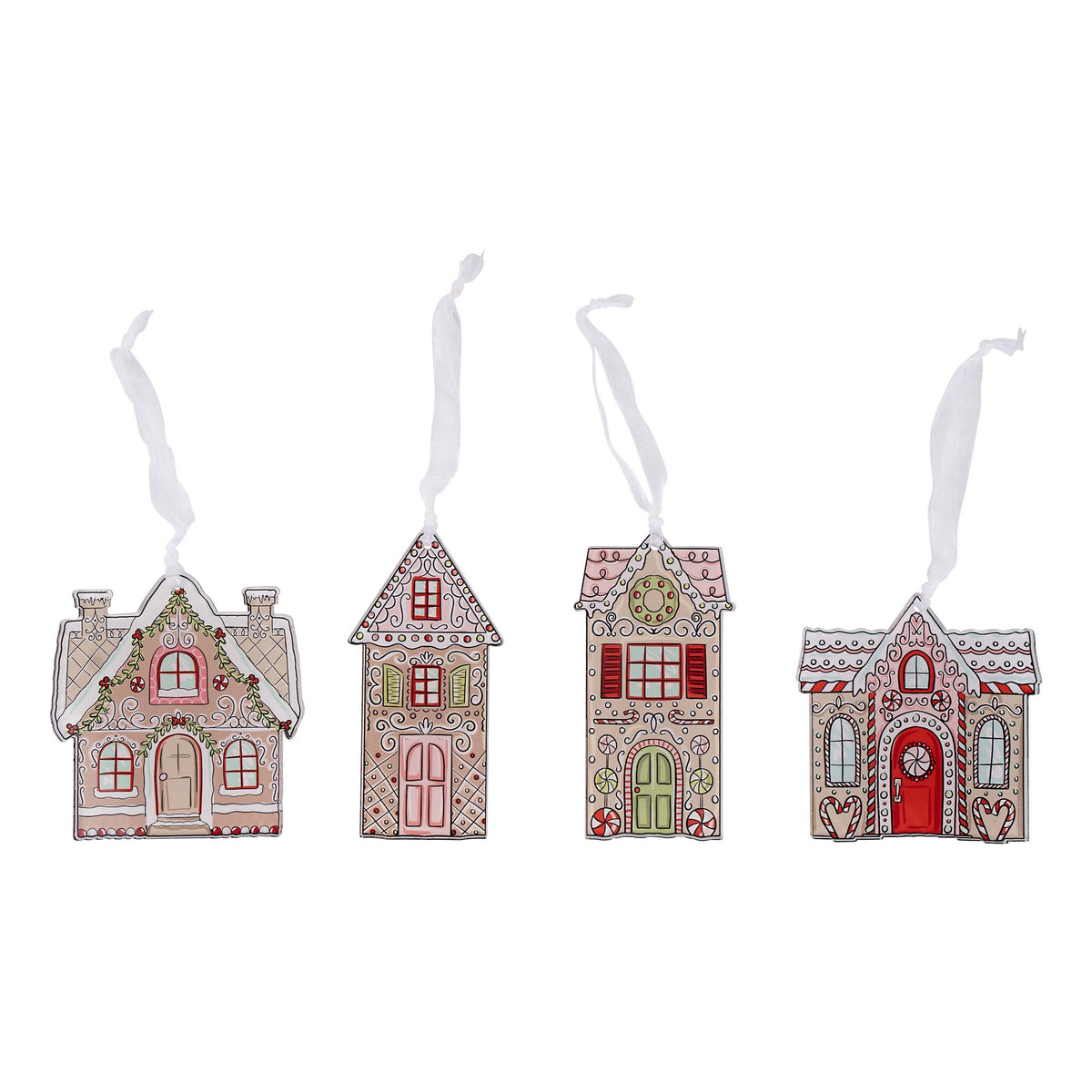 Four gingerbread house Christmas ornaments with white hanging ribbons, decorated in pink, red, green, and white patterns, shown on a plain white background.