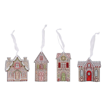 Four gingerbread house Christmas ornaments with white hanging ribbons, decorated in pink, red, green, and white patterns, shown on a plain white background.