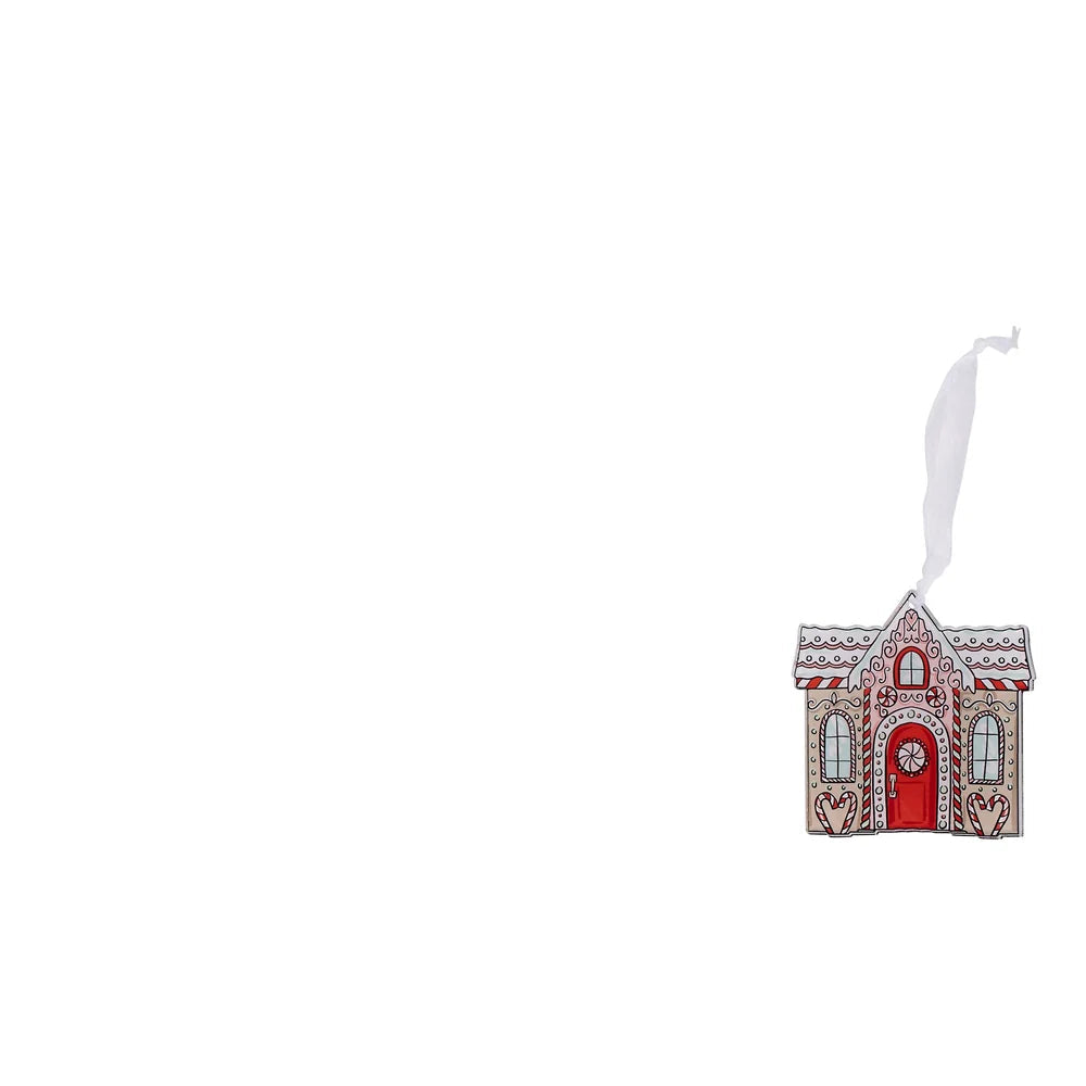acrylic gingerbread house ornament red front door and candy cane accents