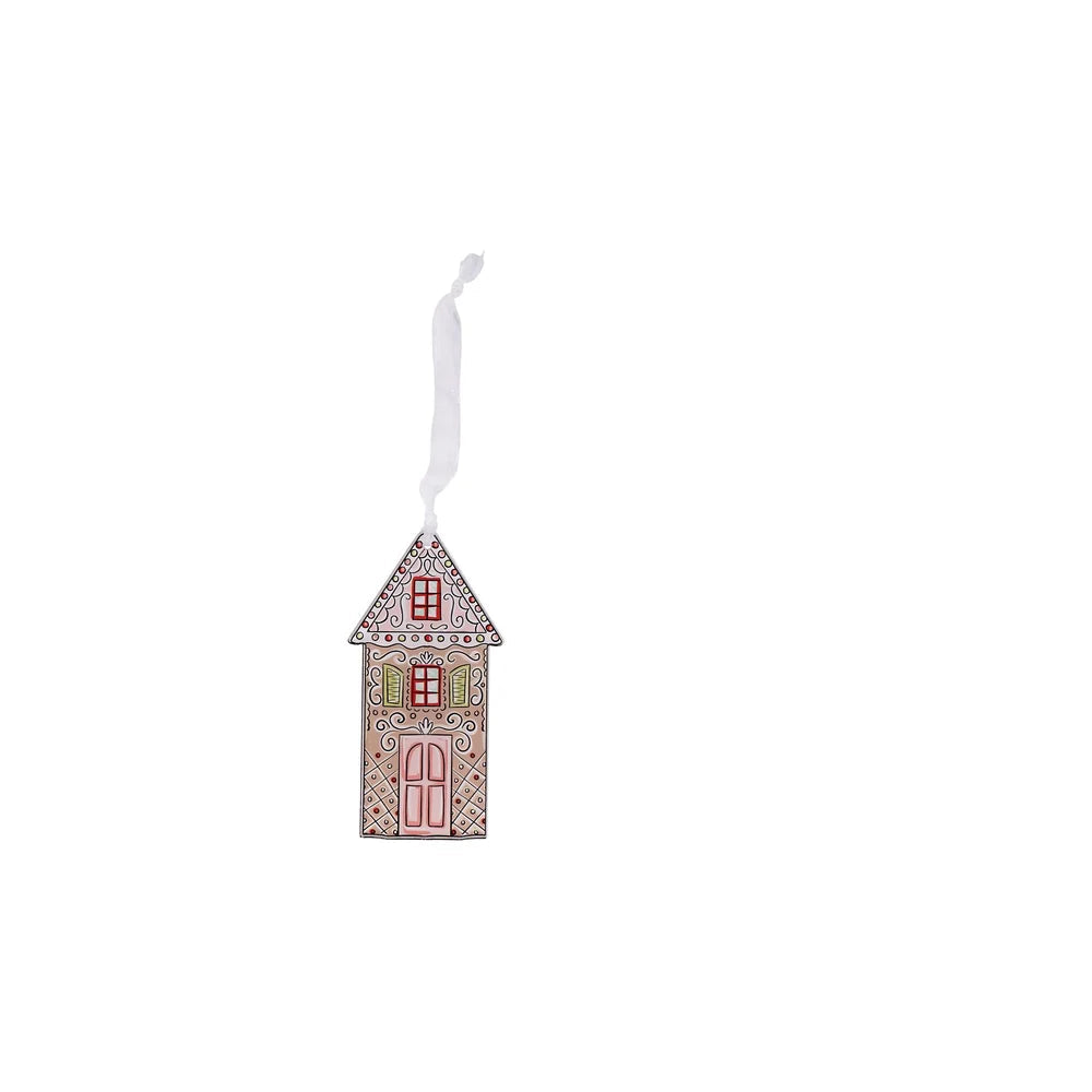 acrylic gingerbread 2 story house ornament pink front door, green window shutters and scrolling details