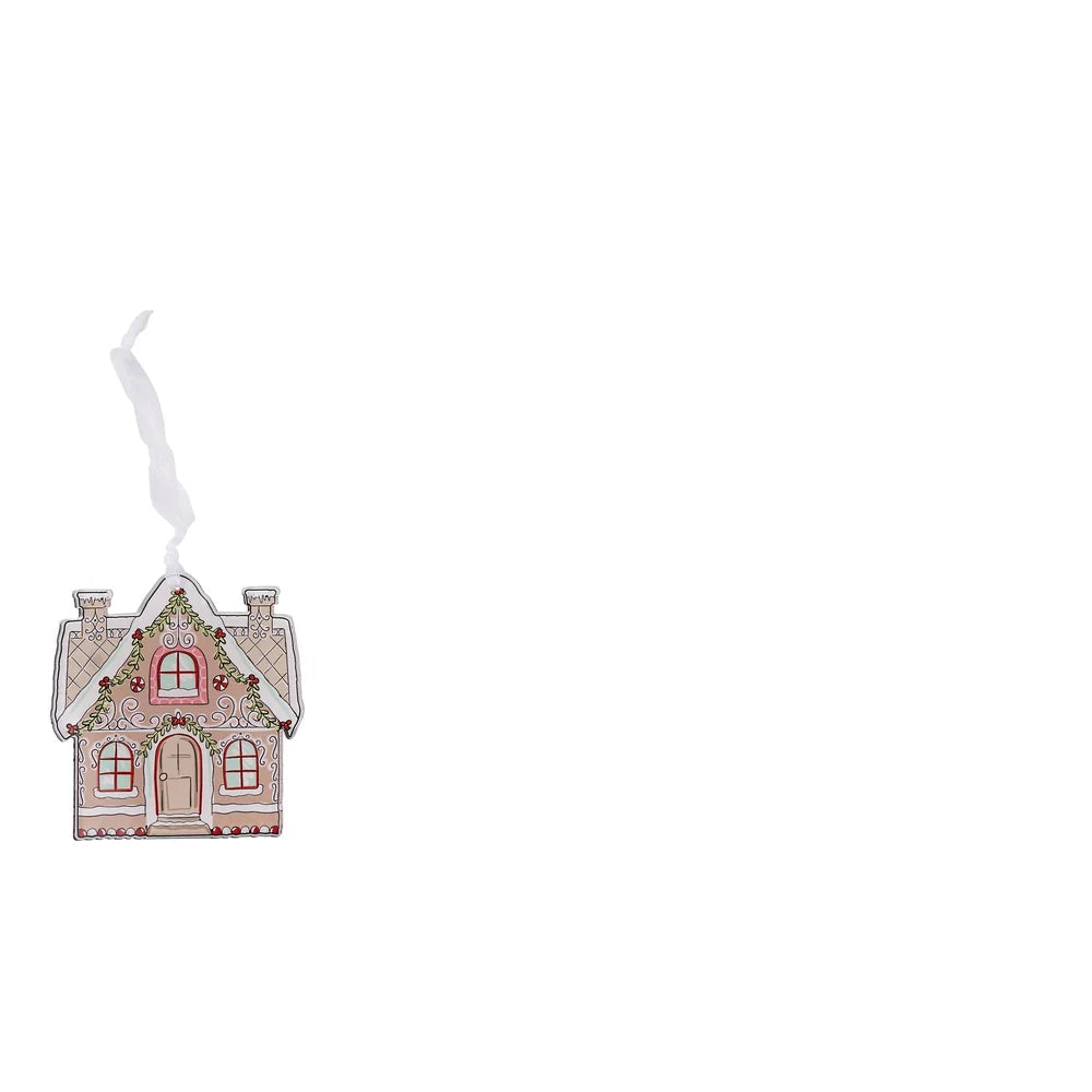 acrylic gingerbread house ornament with garland draped around the roof, a tan colored front door, and pink window frame