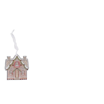 acrylic gingerbread house ornament with garland draped around the roof, a tan colored front door, and pink window frame