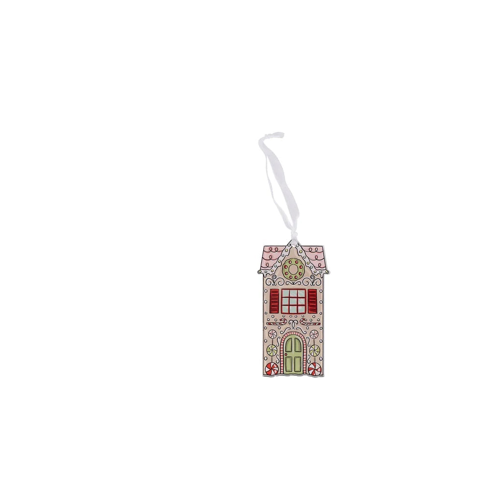 acrylic gingerbread 2 story house ornament green front door, red shutters, and wreath on top
