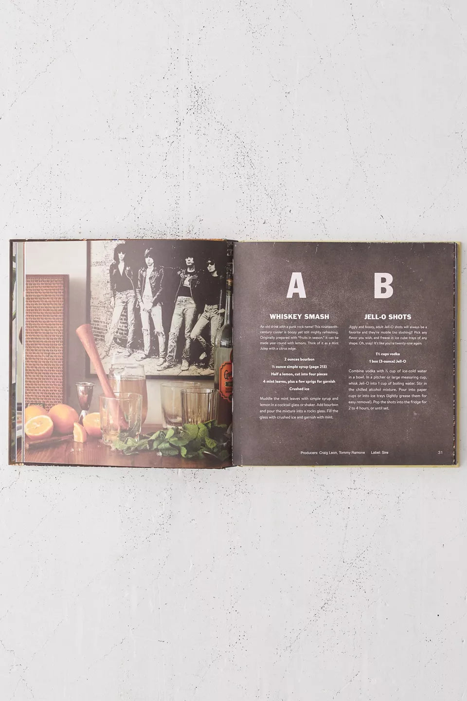 interior pages of Booze & Vinyl showing recipes for whiskey smash and jello shots