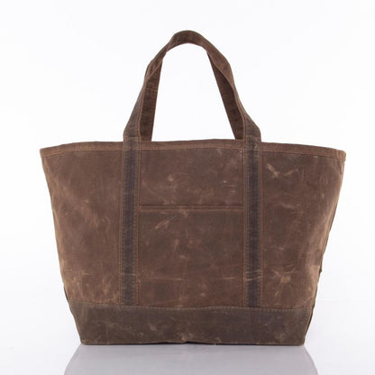 front view of brown waxed canvas tote