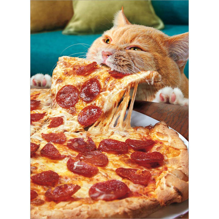 front of card is an orange cat taking a slice of pizza off the table