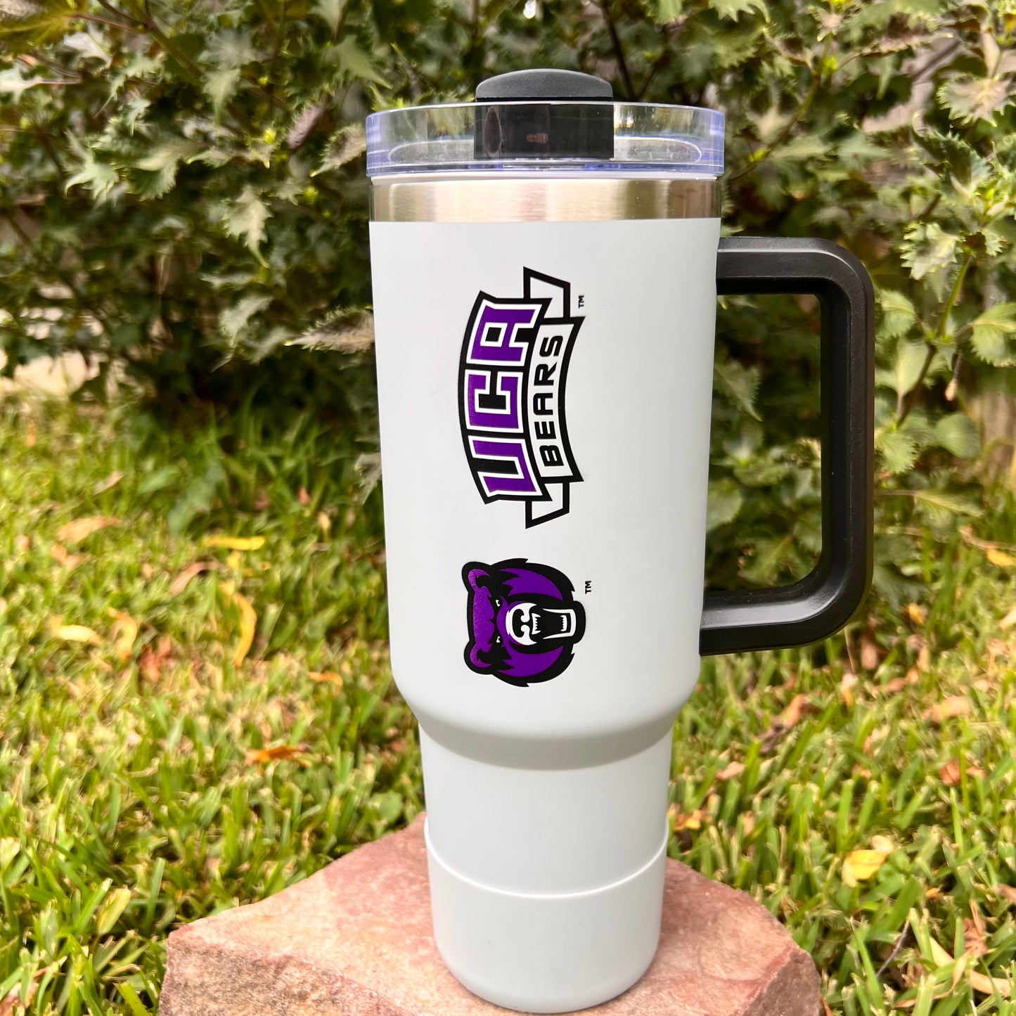 grey tumbler with bears logo and "UCA bears" printed on it.