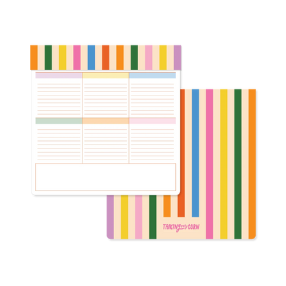 Colorful striped notepad with a grid layout on a white background