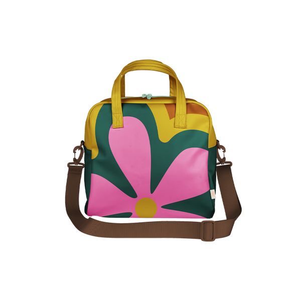 pink, green, mustard yellow handled bag with pink flower