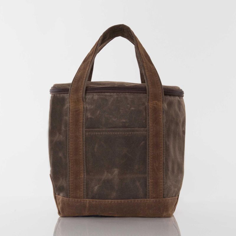 front view of brown canvas lunch tote