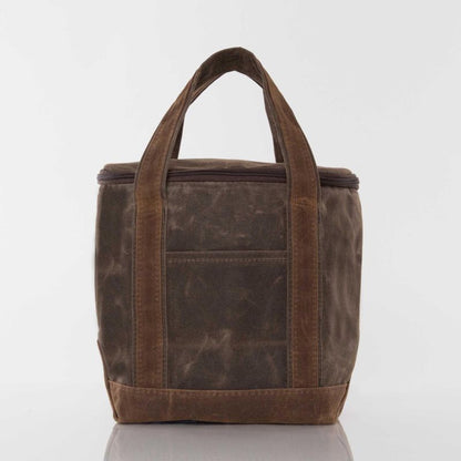 front view of brown canvas lunch tote