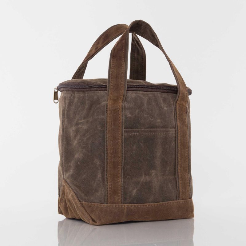 angled view of brown canvas lunch tote