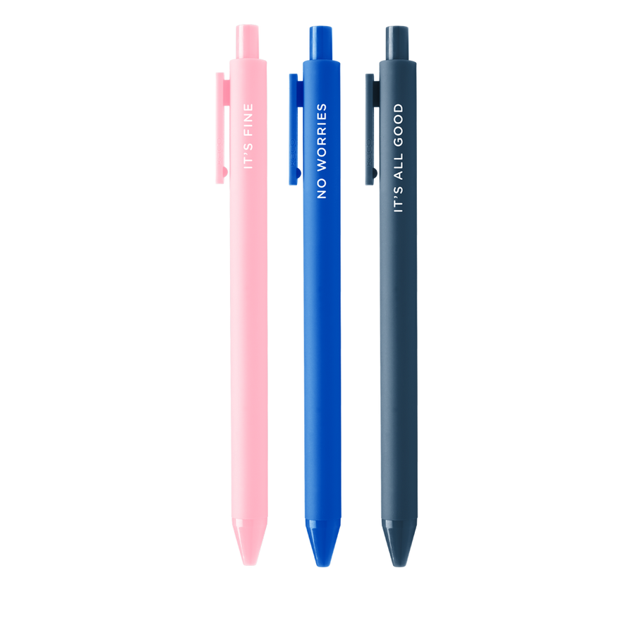 pink, light blue, dark blue jotter pens on a white background.
