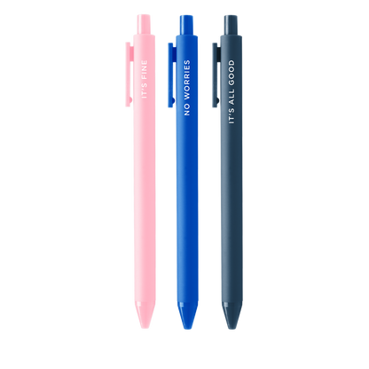 pink, light blue, dark blue jotter pens on a white background.