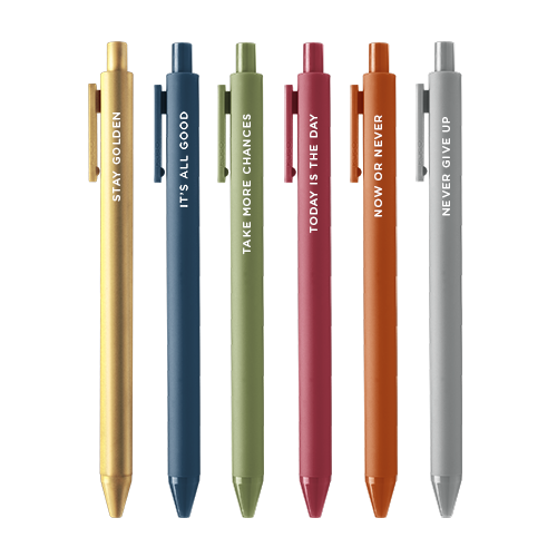 6 assorted colors of jotter pen in a row on a white background