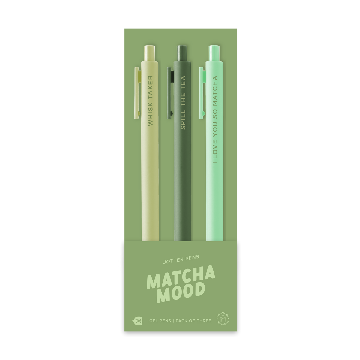 3 matcha mood jotter pens in their packaging