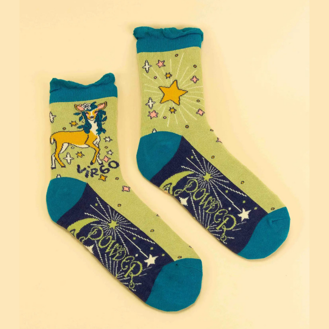 green virgo socks with deer design.