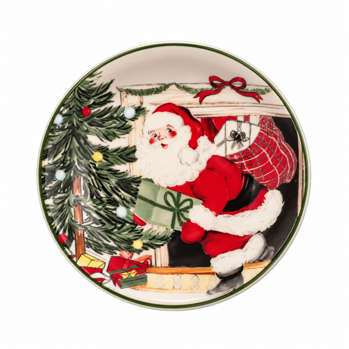 A round ceramic Christmas small plate featuring a vintage illustration of Santa Claus in his red suit, carrying a green gift box and a red plaid sack, with a decorated Christmas tree and presents on a white background.