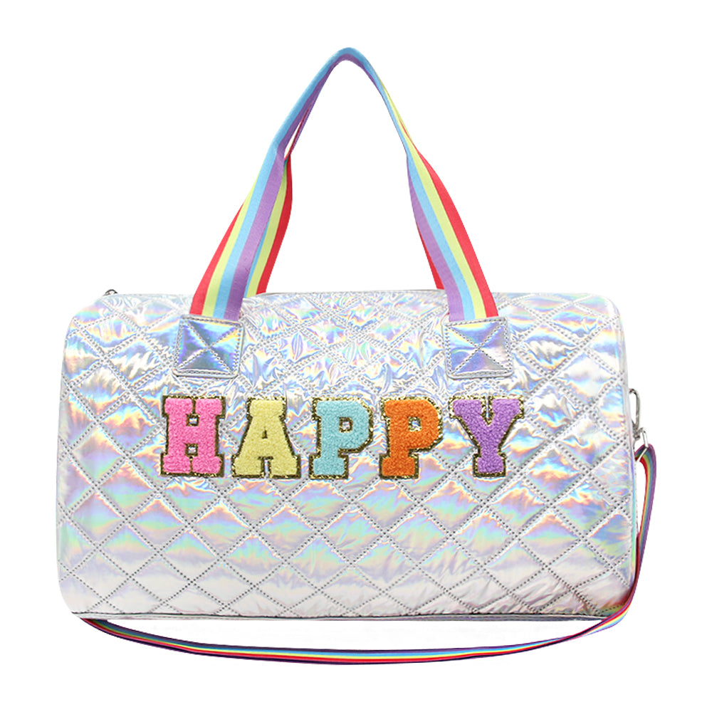 silver duffle bag with rainbow handles and strap and "happy"  stiched on it in colorful patches.