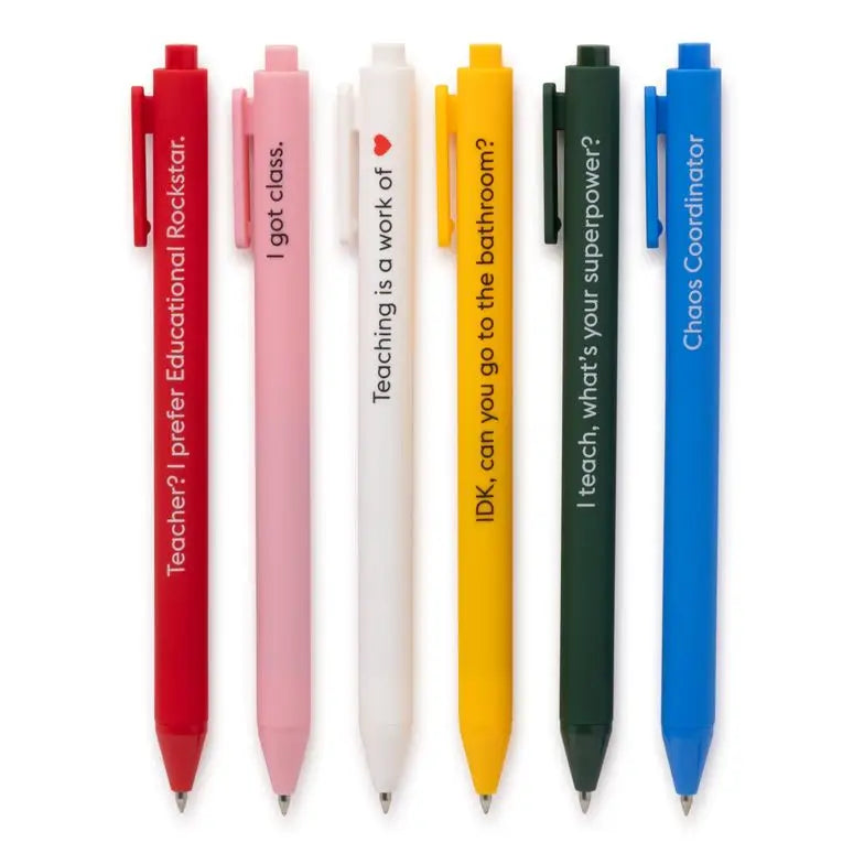 Set of six colorful pens with humorous text on a white background