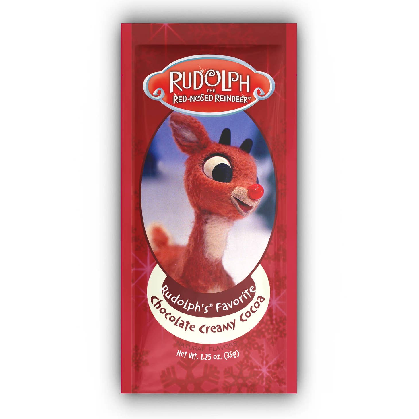 rudolph's favorite chocoate cocoa packet with rudolph on the front on a white background