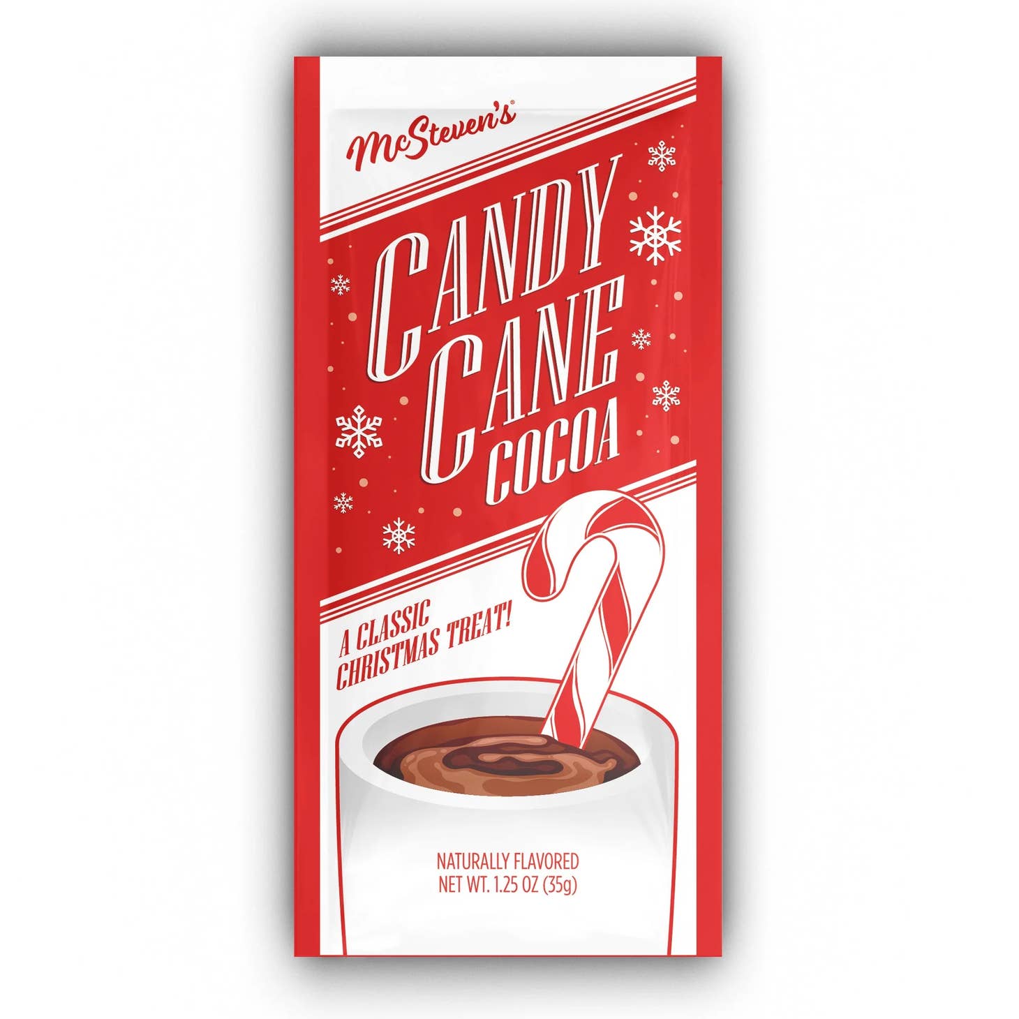 classic candy cane cocoa packet is red and white with a cup of cocoa with a candy cane