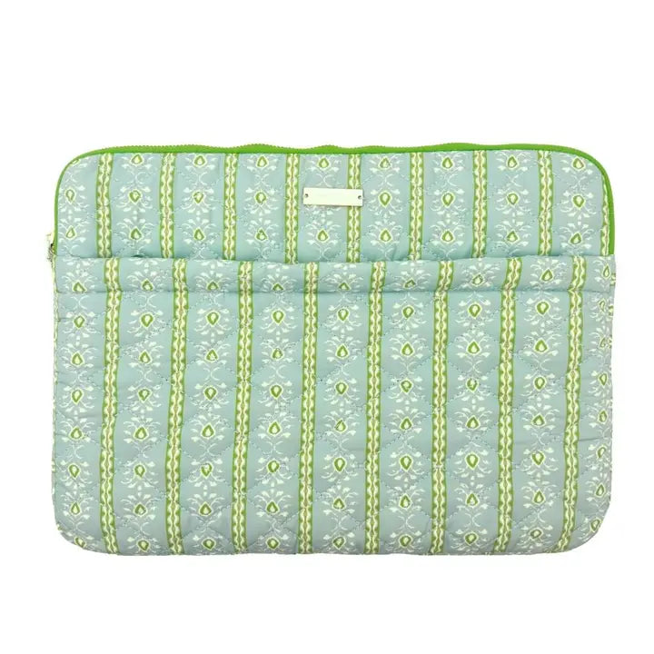 the Quilted Laptop Case with Rosemary Stripe pattern shown on a white background