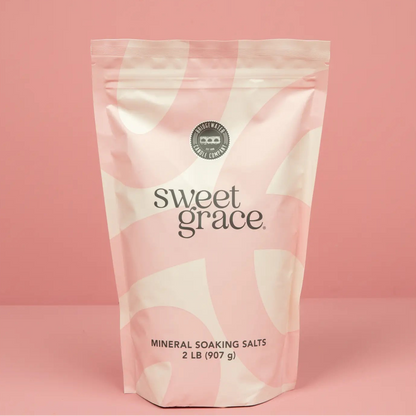 Bag of sweet grace mineral soaking salts on a pink background