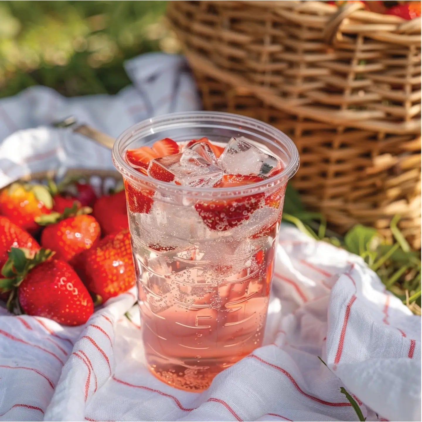 pink drink with strawberries in it set on a blanket in the grass with a basket in the background