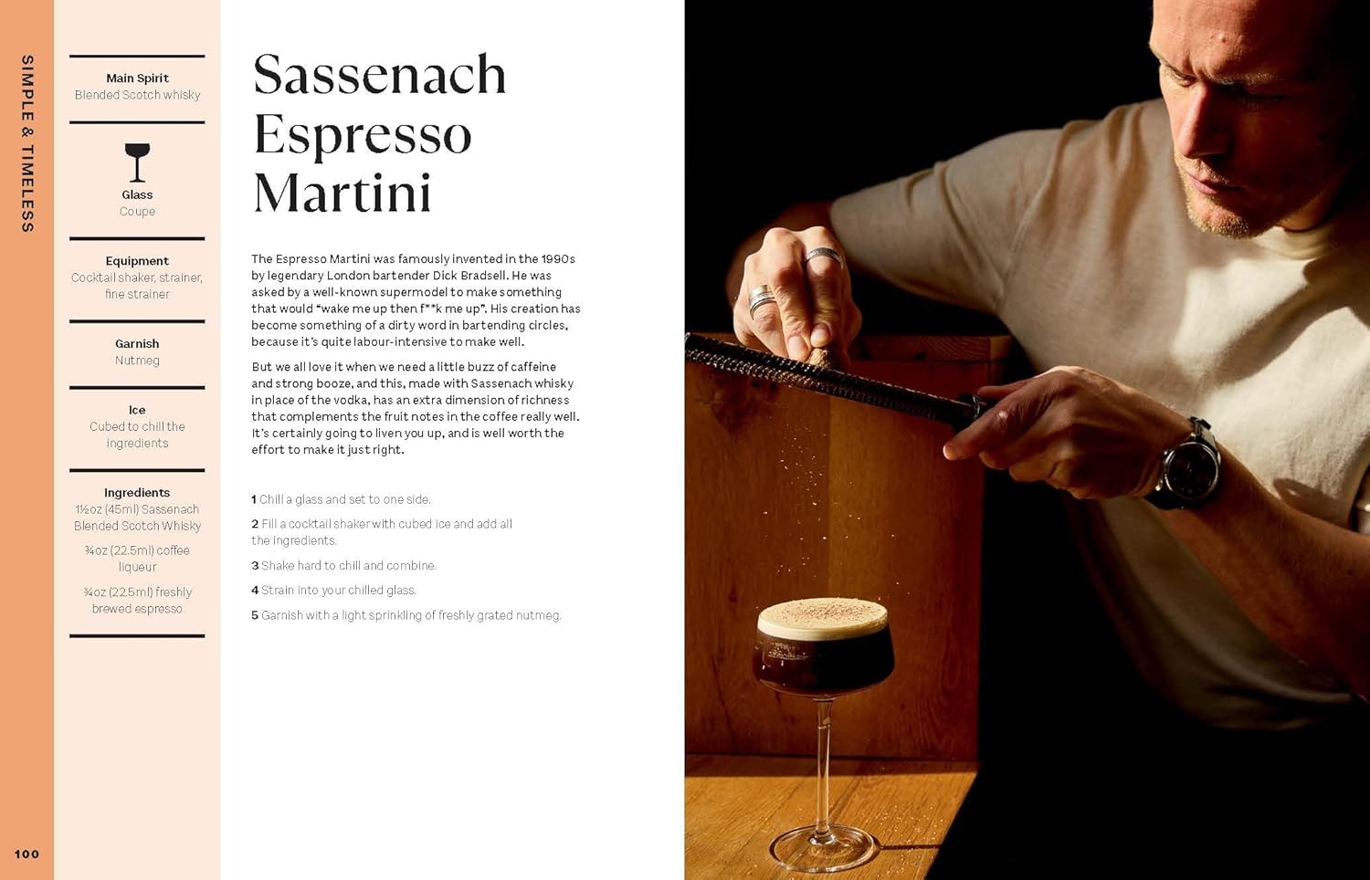 sample pages from Cocktail Diaries book with Person preparing a Sassenach Espresso Martini with a recipe on the left side.