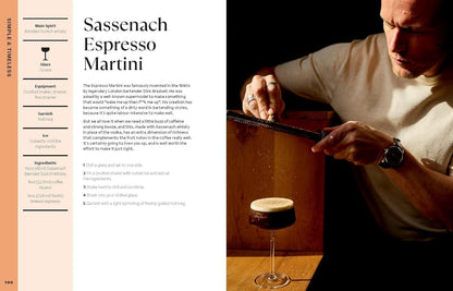 sample pages from Cocktail Diaries book with Person preparing a Sassenach Espresso Martini with a recipe on the left side.