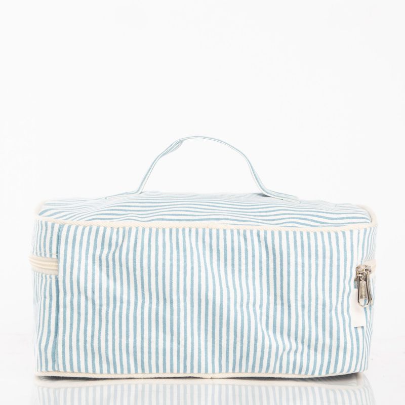 back view of blue and white stripe train case