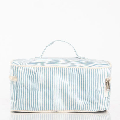 back view of blue and white stripe train case