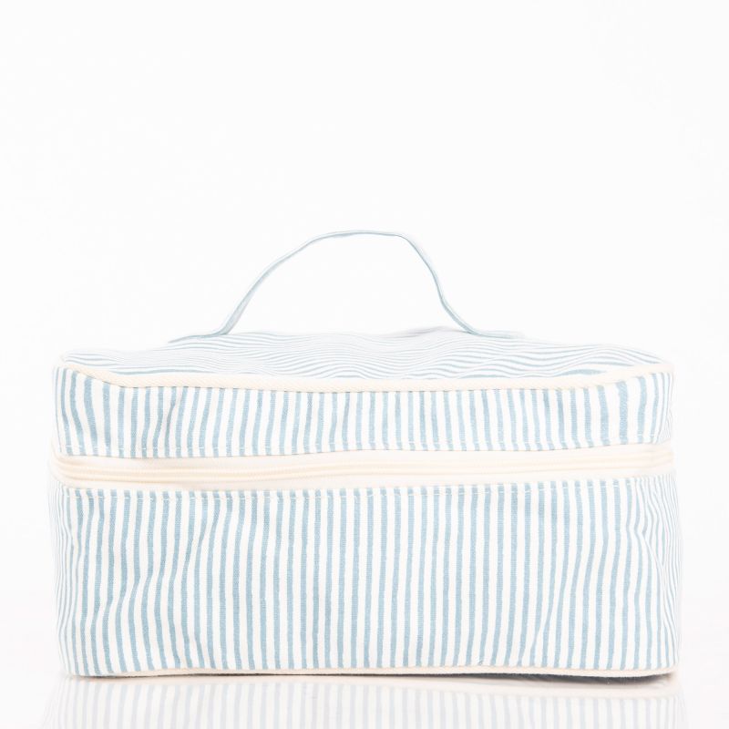 front view of blue and white stripe train case