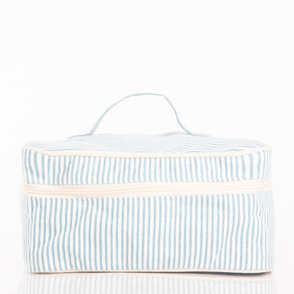 front view of blue and white stripe train case