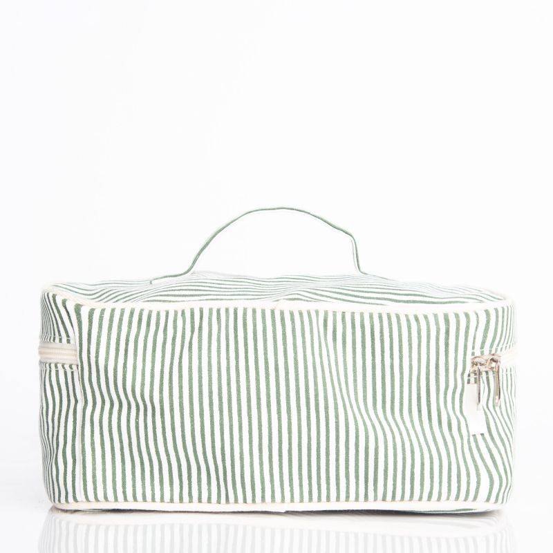 back view of green and white stripe train case